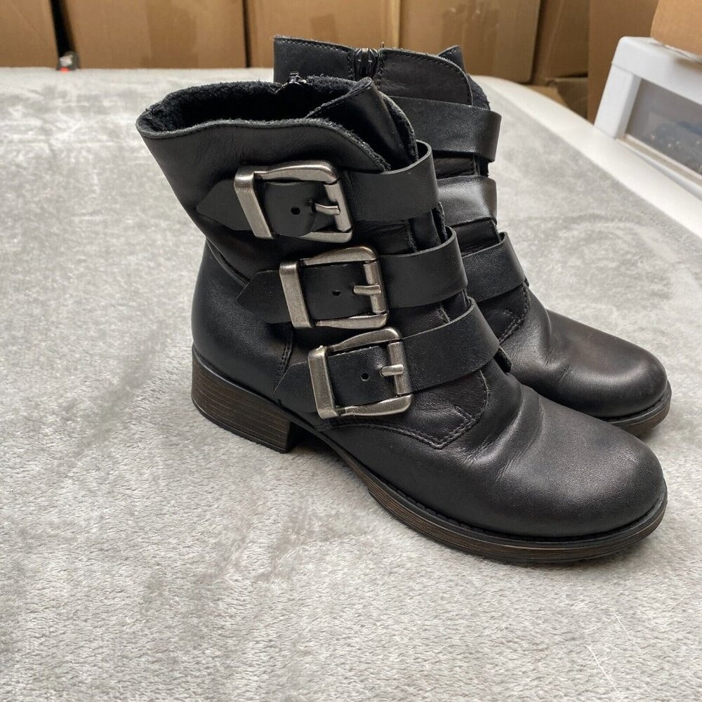 Rieker Heated Biker Boots Women's 37 Black Leather Side Zip Buckles Ankle Shoes